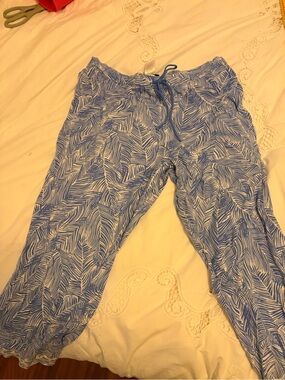Talbots Blue and White Leaf-Striped Drawstring Pants